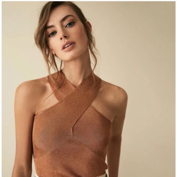 Reiss Tops - Reiss Metallic Criss cross Halter Neck Shimmer Cocktail Top in copper